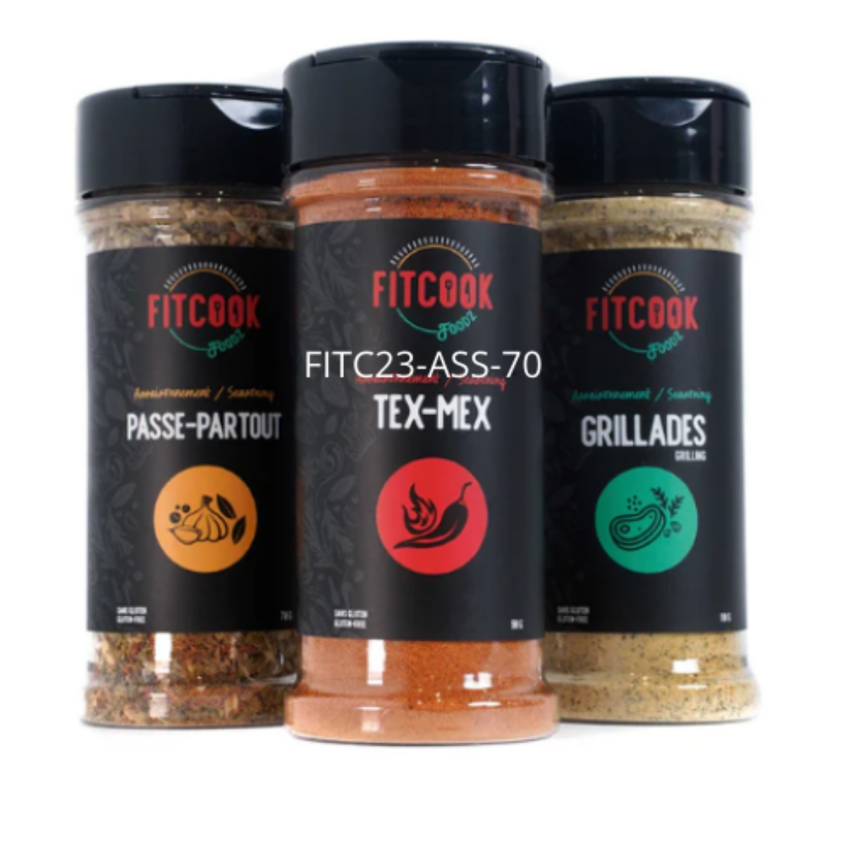 Ensemble Assaisonnements Fitcook - Passe-Partout - Grillades - Tex-Mex - Épices - Sans sucre - Fitcook Fodz 3 x 70 g