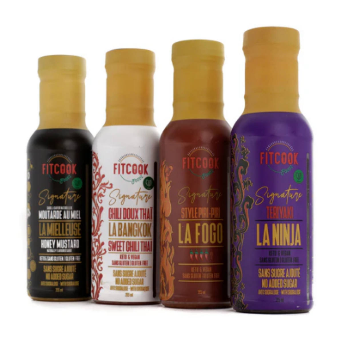 Ensemble Sauce - Chili Doux - Teriyaki - Moutarde au Miel - Piri-Piri - Collection Signature - Sans Sucre - Faible en calorie - Fitcook Fodz 4 x 355 ml