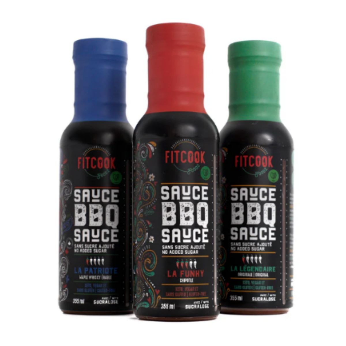 Ensemble Sauce BBQ - La Légendaire - La Funky - La Patriote - Sans Sucre - Faible en calorie - Fitcook Fodz 3 x 355 ml