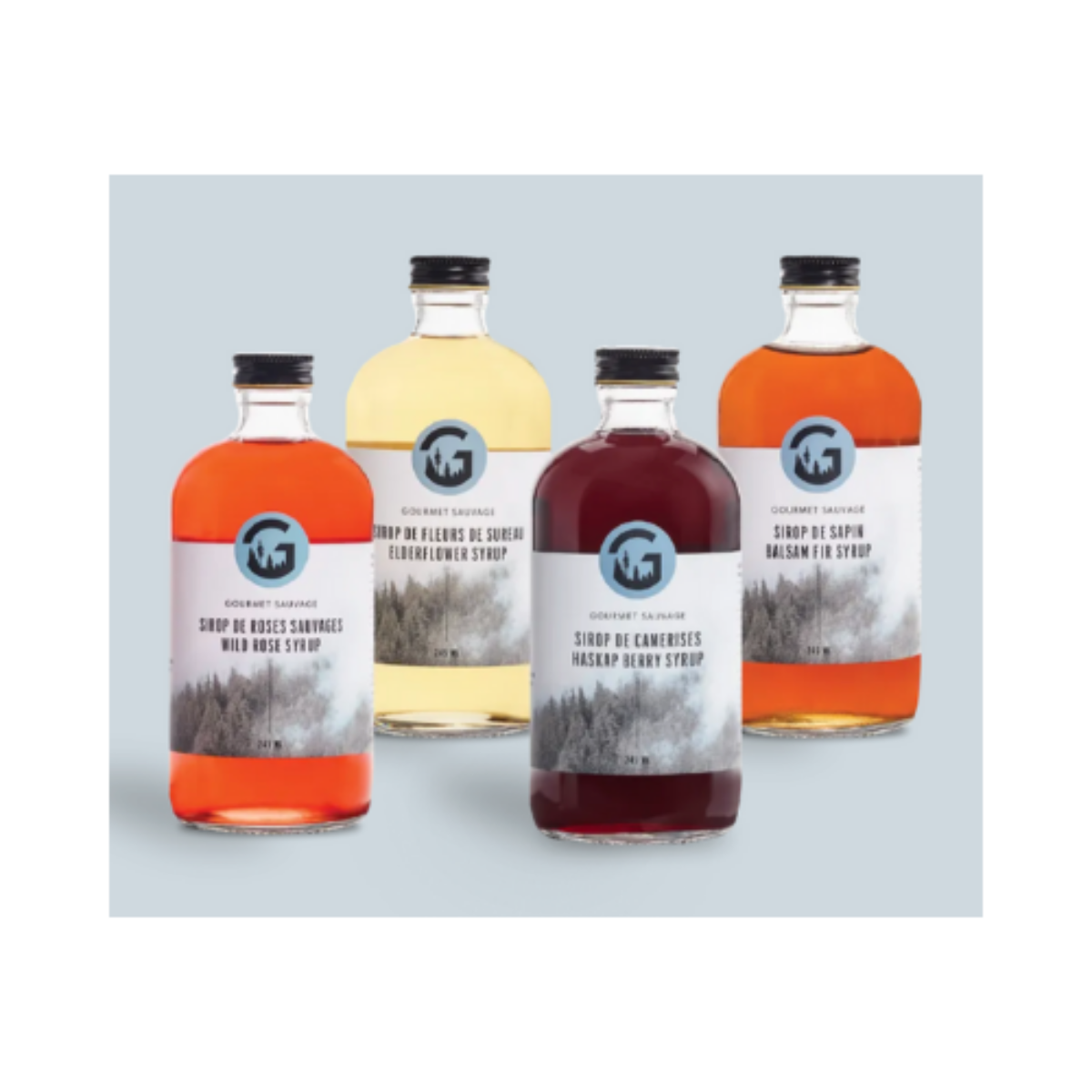 Esemble Sirop à cocktail Forestiers Sapin - Camerises - Roses sauvages - Fleurs de sureau - Gourmet Sauvage 4 x 245 ml