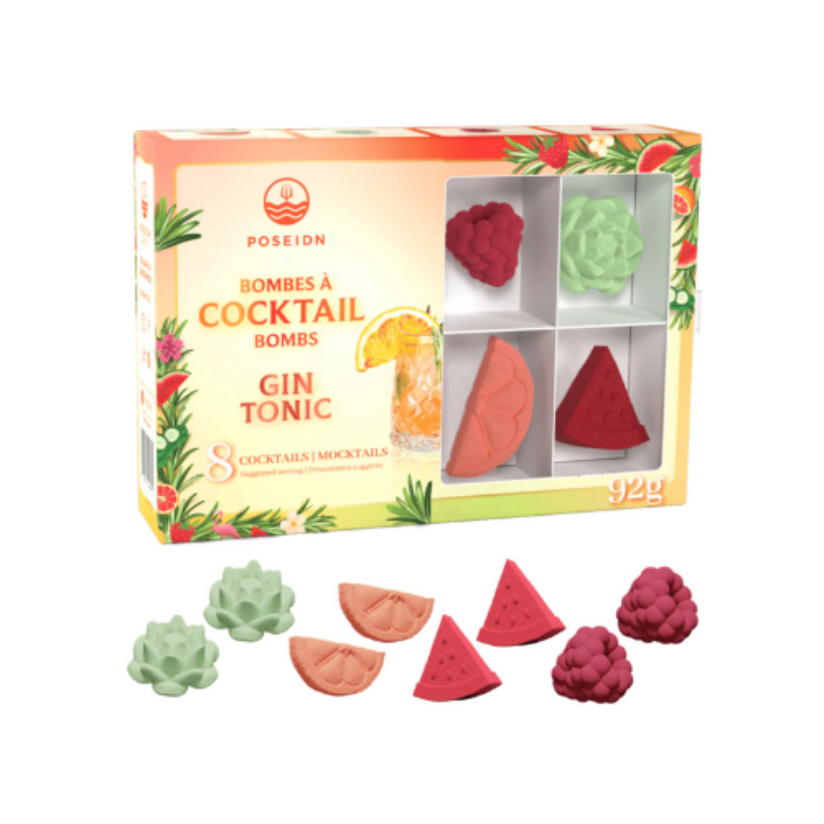 Coffret Variété Bombes à Cocktails-Mocktail et Gin Tonic - Orange Sanguine - Concombre et Lime - Framboise et Thé vert - Melon d'eau - Poseidn 8 pièces